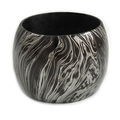 Oversized Chunky Wide Wood Bangle in Black/ Metallic Silver - main view