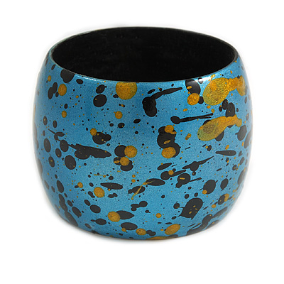 Wide Chunky Wooden Bangle Bracelet in Blue/ Gold/ Black - main view