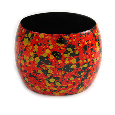Wide Chunky Wooden Bangle Bracelet Abstract Pattern in Red/ Black/ Yellow - Medium Size - main view