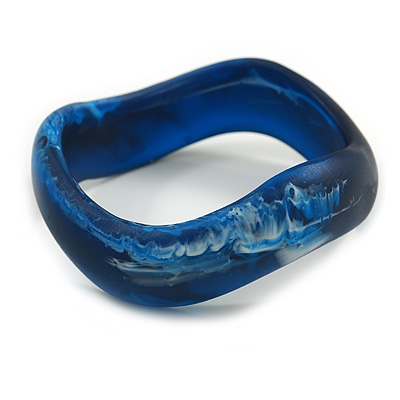 Curvy Blurred Dark Blue/ White Acrylic Bangle Bracelet Matte Finish - Medium Size - main view