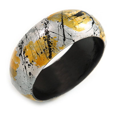 Wooden Bangle Bracelet in Abstract Paint in Metallic Silver/ Yellow/ Black/ White - Medium Size - main view