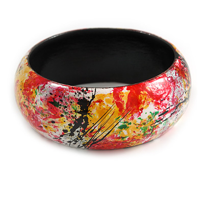 Round Wooden Bangle Bracelet in Abstract Paint in Multi - Medium Size - main view