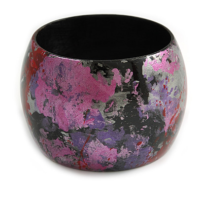 Wide Chunky Wooden Bangle Bracelet in Abstract Paint in Pink/ Black/ Purple/ Silver- Medium Size - main view