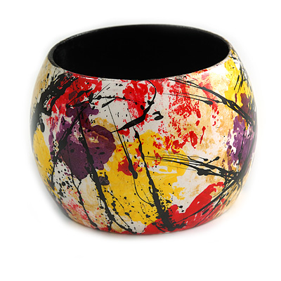 Wide Chunky Wooden Bangle Bracelet in Abstract Paint in Multi - Medium Size - main view