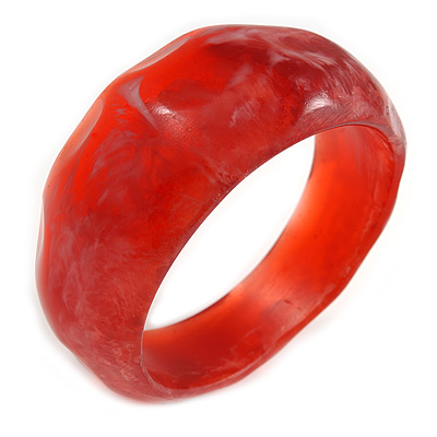 Chunky Red/White with Hammered Effect Acrylic Bangle Bracelet - M/L - main view