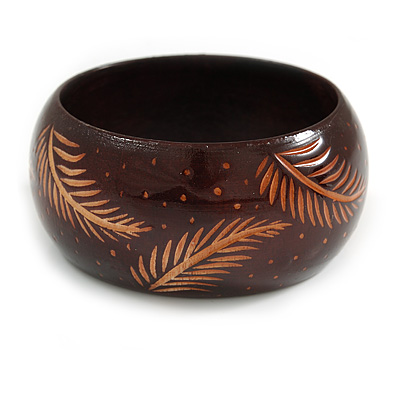 Wide Chunky Wooden Bangle Bracelet with Feather Motif/Medium/Possible Natural Irregularities - main view