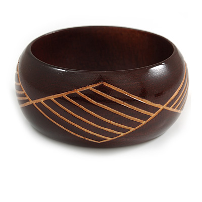 Wide Chunky Wooden Bangle Bracelet with Geometric Pattern/ Medium/Possible Natural Irregularities - main view