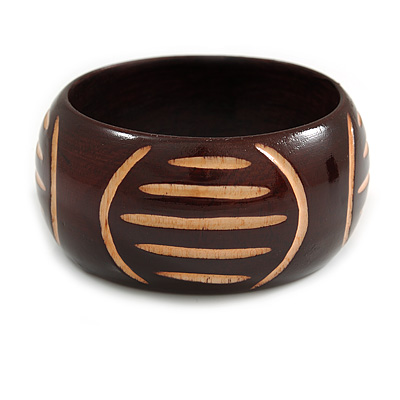 Wide Chunky Wooden Bangle Bracelet with Geometric Pattern/ Medium/Possible Natural Irregularities - main view