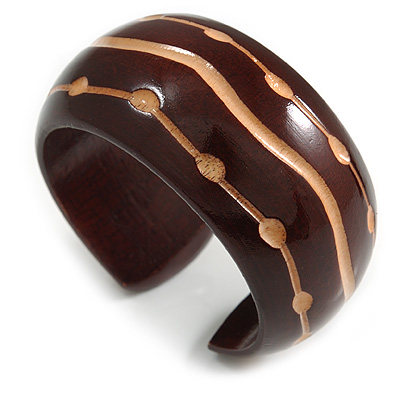 Wide Chunky Wooden Cuff Bracelet/ Bangle with Lines and Dots Pattern/Medium/Possible Natural Irregularities