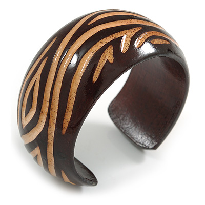 Wide Chunky Wooden Cuff Bracelet/ Bangle with Curvy Lines Pattern/ Medium /Possible Natural Irregularities - main view