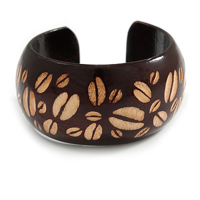 Wide Chunky Wooden Cuff Bracelet/ Bangle with Coffee Beans Motif/ Medium /Possible Natural Irregularities