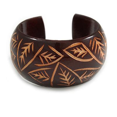 Wide Chunky Wooden Cuff Bracelet/ Bangle with Leaf Motif/ Medium /Possible Natural Irregularities