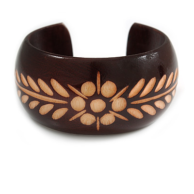 Wide Chunky Wooden Cuff Bracelet/ Bangle with Floral Motif/ Medium /Possible Natural Irregularities - main view