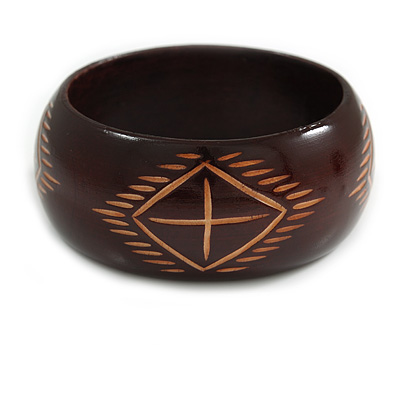 Wide Chunky Wooden Bangle Bracelet with Tribal Motif/ Medium/Possible Natural Irregularities