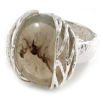 240g Bold Chunky Light Grey Resin Stone Textured Hinged Bangle Braclet in Light Silver Tone - Size M/L - main view