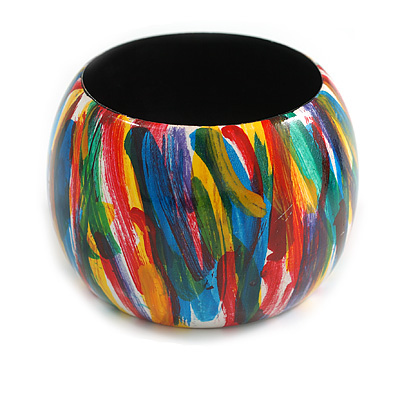 Wide Chunky Wooden Bangle Bracelet with Stripy Pattern in Multi - Small Size - main view