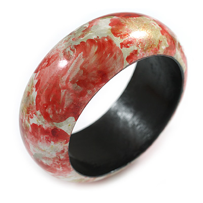 Round Wooden Bangle Bracelet with Abstract Motif Painted in Red/White/Gold Colours - Medium Size - main view