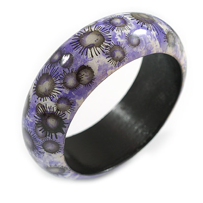 Round Wood Bangle Bracelet with Sunflower Floral Pattern in Purple/Black/White (Possible Natural Irregularities) - M Size - main view