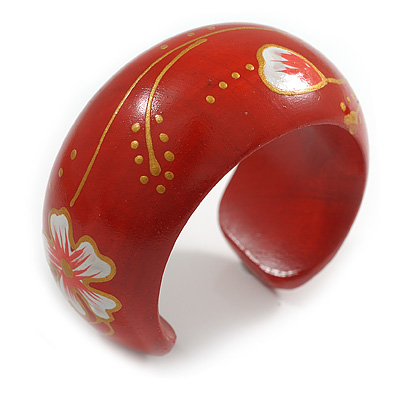 Large Chunky Red Floral Wooden Cuff Bracelet/Possible Natural Irregularities - Size L - main view