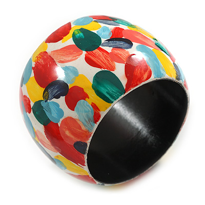 Multicoloured Wide Chunky Wooden Bangle Bracelet with Spotty Pattern - Small Size - main view