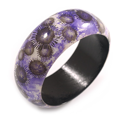 Round Wood Bangle Bracelet with Sunflower Floral Pattern in Purple/White/Black (Possible Natural Irregularities) - M Size