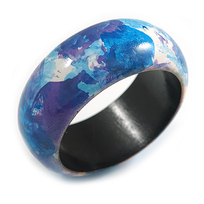 Round Wooden Bangle Bracelet with Abstract Motif Painted in White/Blue/Purple Colours(Possible Natural Irregularities) - Medium Size