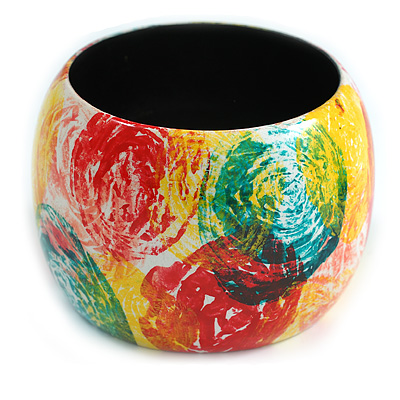 Multicoloured Wide Chunky Wooden Bangle Bracelet with Rose Flower Pattern - Medium Size - main view