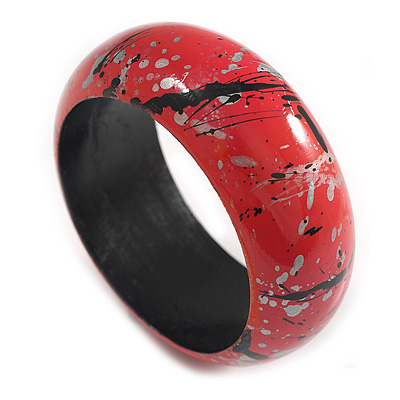 Round Wooden Bangle Bracelet with Abstract Motif Painted in Pink/Metallic Silver/Black Colours - Medium Size - main view
