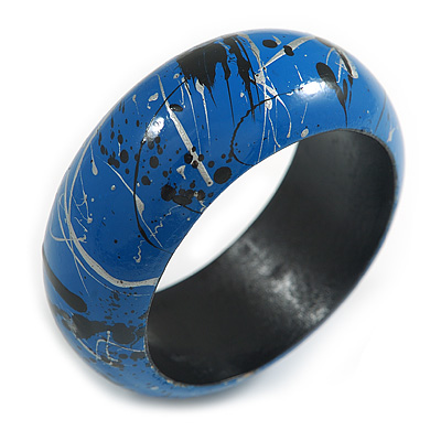 Round Wooden Bangle Bracelet with Abstract Motif Painted in Blue/Metallic Silver/Black Colours - Medium Size - main view