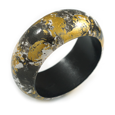 Round Wooden Bangle Bracelet with Abstract Motif Painted in Gold/Necklace/White Colours - Medium Size
