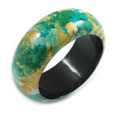 Round Wooden Bangle Bracelet with Abstract Motif Painted in Green/Gold/White Colours - Medium Size