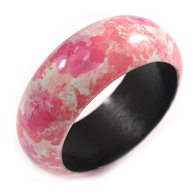 Round Wooden Bangle Bracelet with Abstract Motif Painted in Pink/White Colours - Medium Size