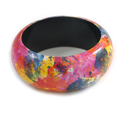 Round Wooden Bangle Bracelet with Abstract Motif Painted in Multi Colours - Medium Size