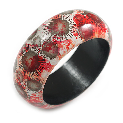 Round Wood Bangle Bracelet with Sunflower Floral Pattern in Red/Black/White (Possible Natural Irregularities) - M Size
