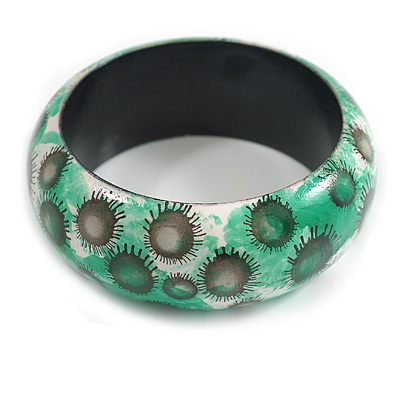 Round Wood Bangle Bracelet with Sunflower Floral Pattern in Green/Black/White (Possible Natural Irregularities) - M Size