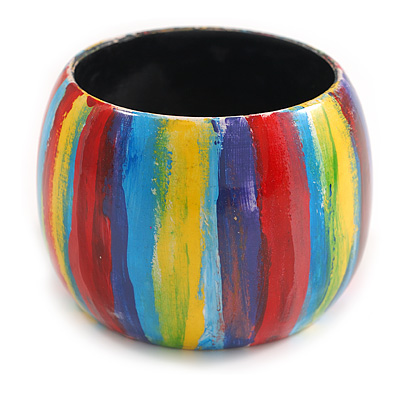 Multicoloured Stripy Wide Chunky Wooden Bangle Bracelet - M Size - main view