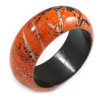 Round Wooden Bangle Bracelet with Abstract Motif Painted in Orange/Metallic Silver/Black Colours - Medium Size
