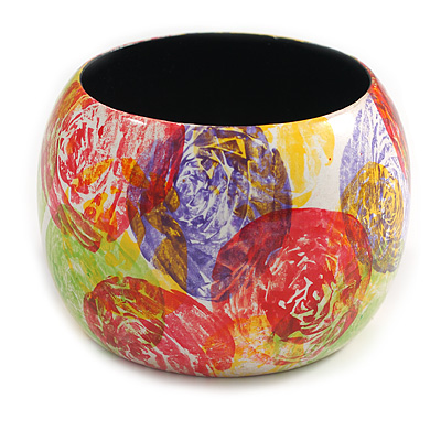 Wide Chunky Wooden Bangle Bracelet with Rose Flower Pattern Multicoloured - Medium - main view