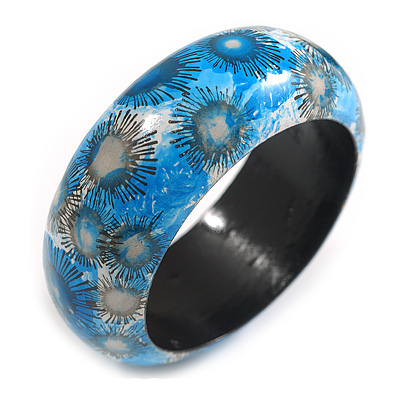 Round Wood Bangle Bracelet with Sunflower Floral Pattern in Blue/Black/White (Possible Natural Irregularities) - M Size