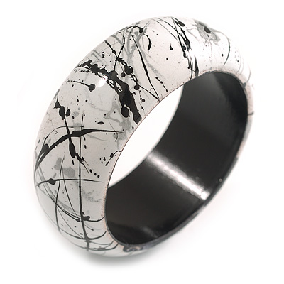 Round Wooden Bangle Bracelet with Abstract Motif Painted in White/Metallic Silver/Black Colours - Medium Size