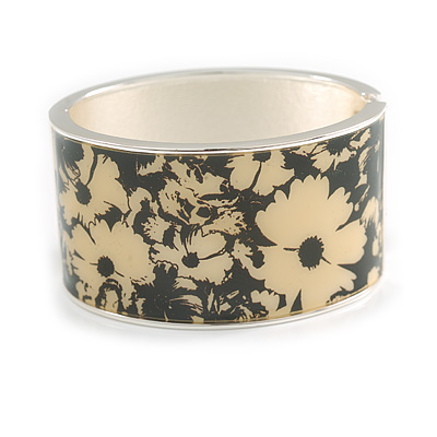 Cream/Black Floral Pattern Oval Hinged Bangle Bracelet in Silver Tone - Size M
