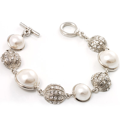 Faux Pearl And Crystal Toggle Silver Costume Bracelet - main view