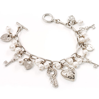 Silver Imitation-Simulated Pearl Key To Your Heart Fashion Bracelet - main view