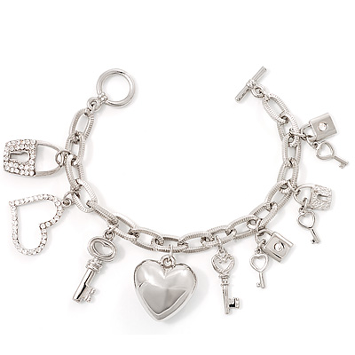 Multi Heart, Key And Padlocks Charms Silver Link Bracelet - main view