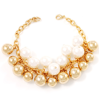 Gold Tone Simulated Pearl Cluster Fashion Bracelet - main view