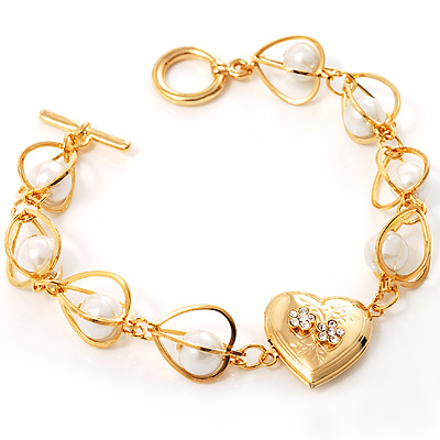 Gold Tone Heart Locket & Glass Pearl Bracelet - main view