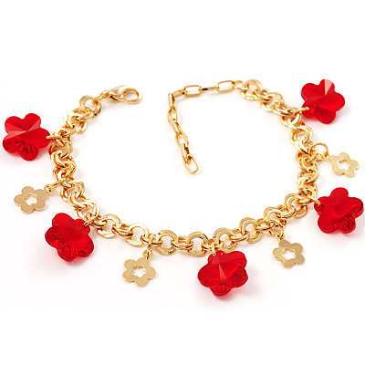 Red Flower Charm Gold Link Fashion Bracelet - main view