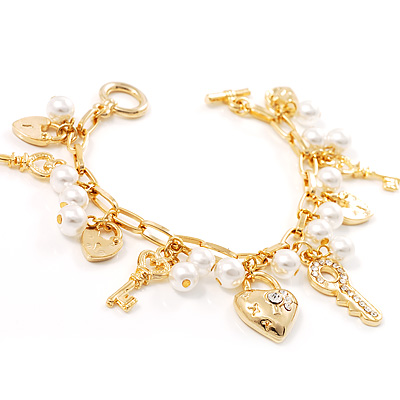 Gold Glass Pearl Key To Your Heart Fashion Bracelet - main view