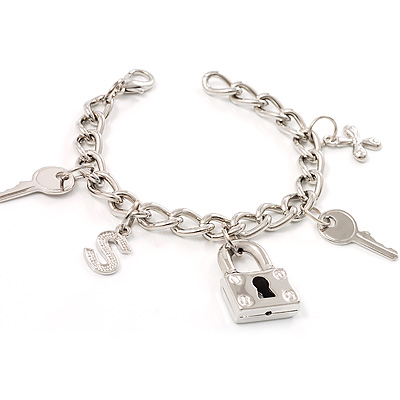 Silver Chunky Key And Padlock Charm Bracelet - main view