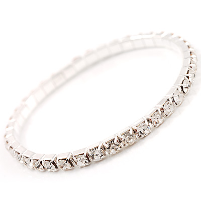 Thin Clear Crystal Flex Bracelet In Silver Plating - up to 17cm length